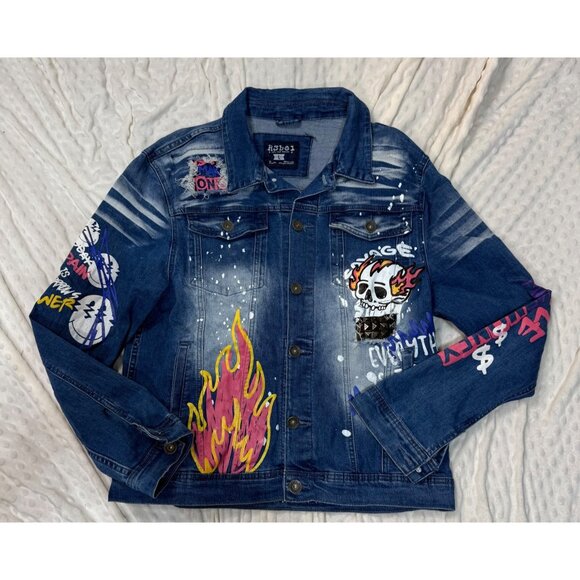R3bel Denim Jacket Graffiti Skull Studded Distressed Jean Jacket Large - Picture 1 of 9